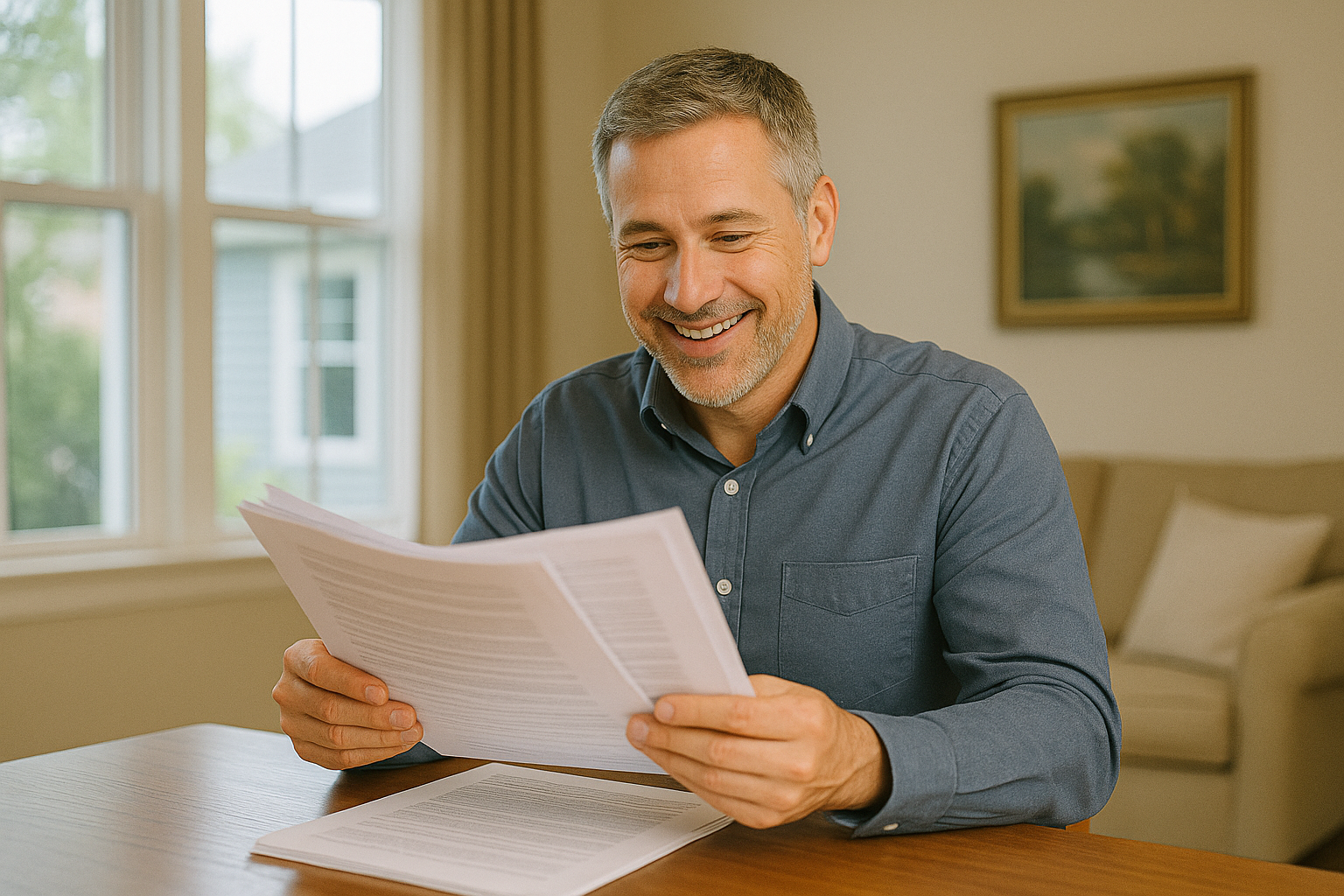 man sitting at a table reading HOA documents. 