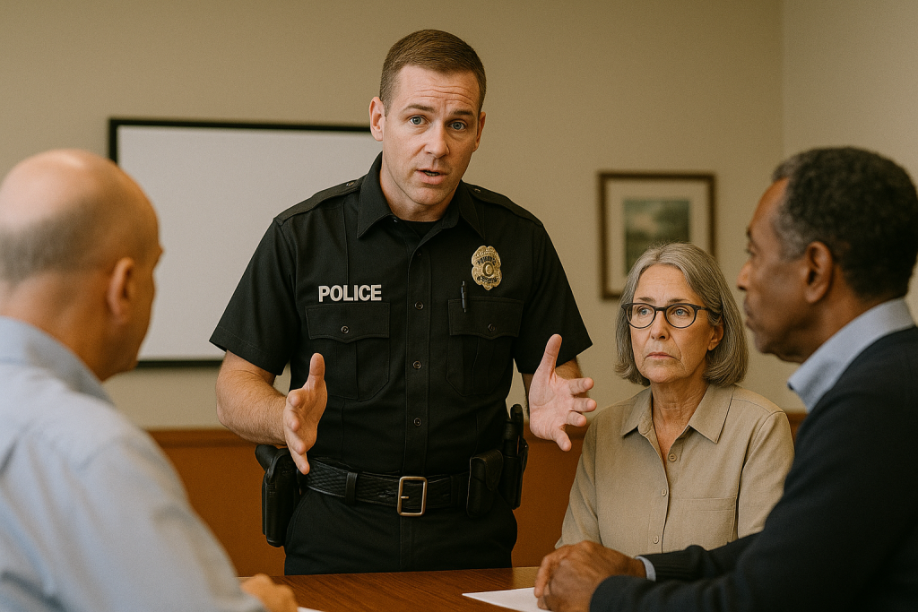 Police officer speaking to a small group of homeowners. 